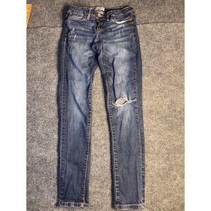 Aeropostale Jegging Jeans Womens 3/4 Blue Denim Regular Fit Distressed Whiskered